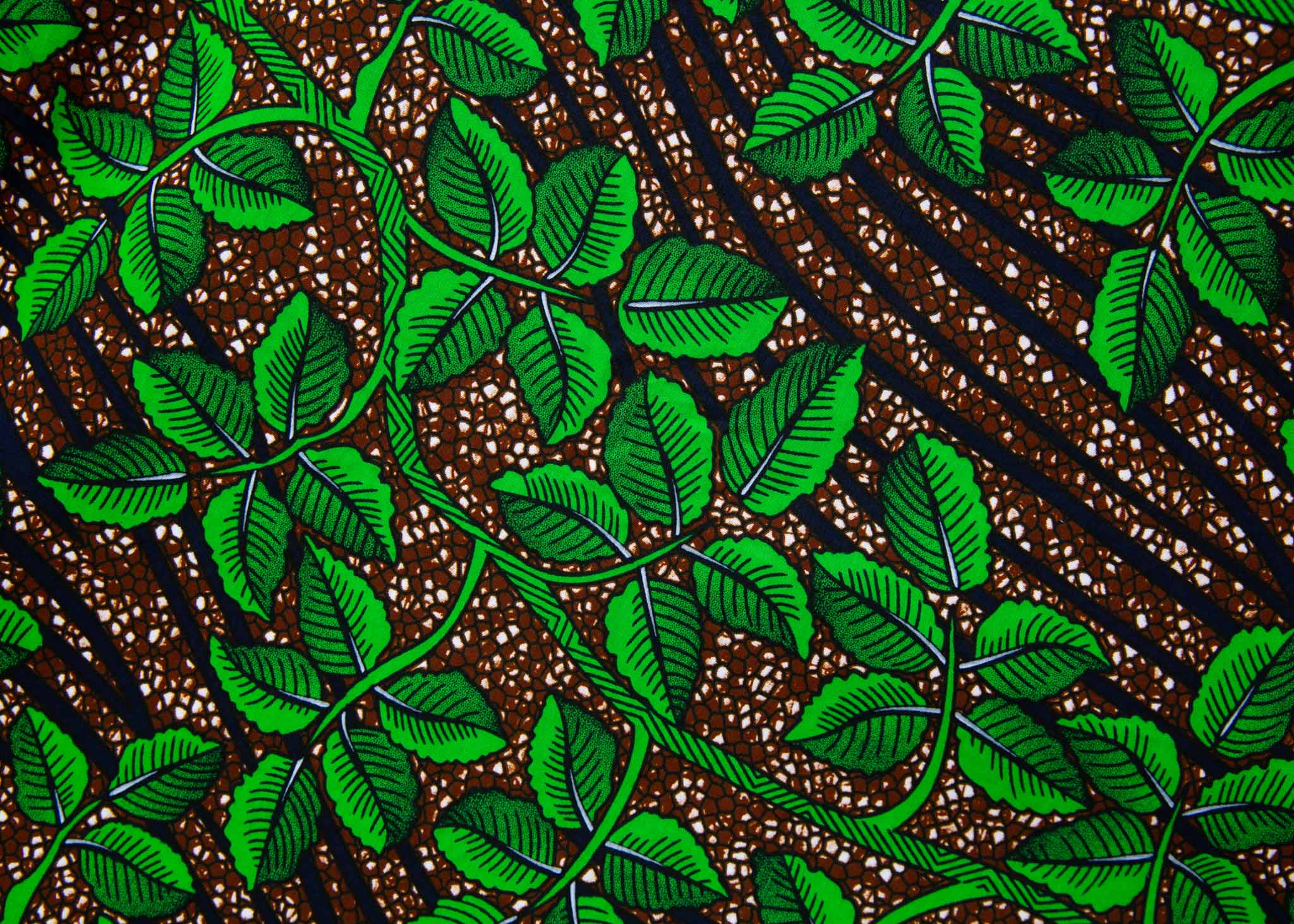 Display of brown dress with green vine print, fabric.
