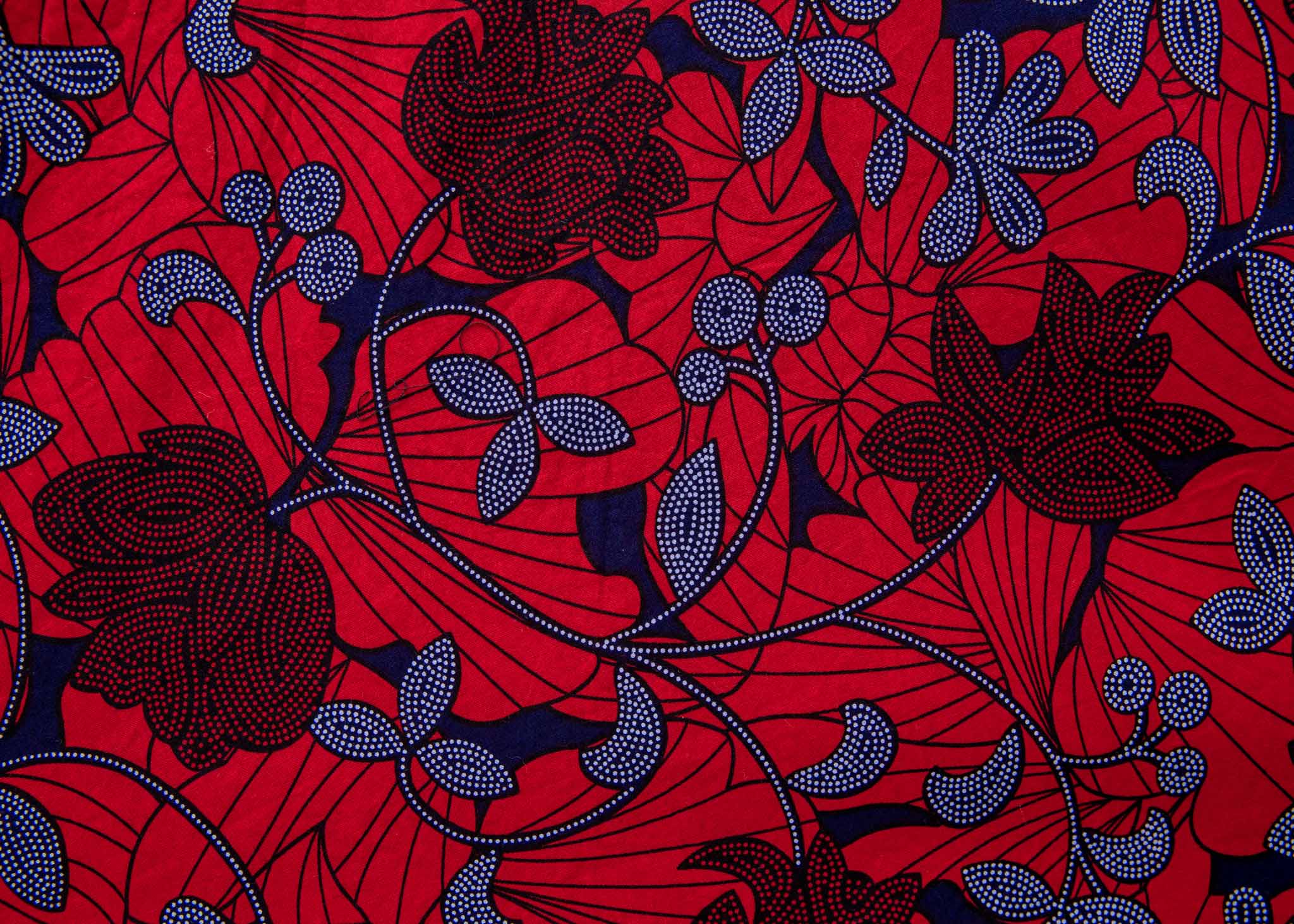 Close up display of red dress with floral vine print, fabric.